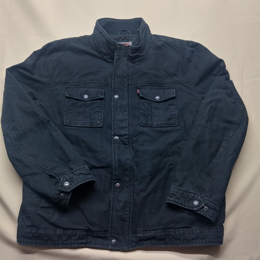 Levis Mens XL Black Canvas Field Jacket Quilted Lining Full Zip Utility Coat
